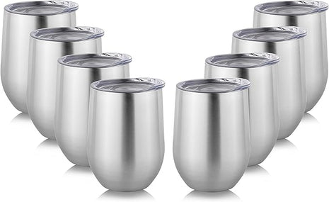 DOMICARE Stainless Steel Wine Tumbler Bulk with Lid, Personalized Insulated Tumblers Set, 12oz Travel Coffee Cups Pack of 8, ss steel