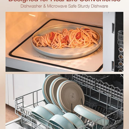 Famiware Milkyway Plates and Bowls Sets, 12 Pieces Dinnerware Sets, Reactive Glaze Dish Set, Stoneware Dishes Set for 4, Light Blue