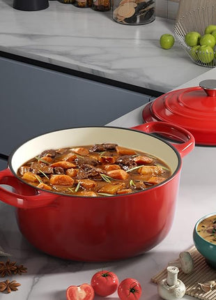 Miereirl 6 Quart Enameled Dutch Oven Pot with Lid, Cast Iron Dutch Oven with Dual Handles for Bread Baking, Cooking, Non-stick Enamel Coated Cookware (Red)