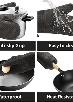 Hovico Silicone Oven Mitts, Heat Resistant 500F Kitchen Mitts 2PCS, 11.6" BPA-Free Soft Baking Gloves, Non-Slip Grip Oven Gloves with Soft Cotton Lining for Kitchen Cooking Baking BBQ - Black