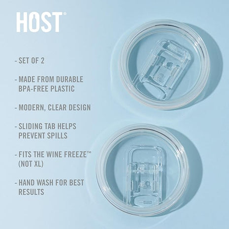 Host Wine Freeze Replacement Lids for Tumblers - Set of 2, Sliding Tab Closure, Travel Cup Lid for Wine Freeze Cooling Cup, Clear