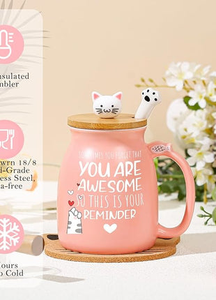 BigNoseDeer Thank You Gifts for Women Cute Cat Coffee Mug Birthday Friendship Christmas Gift for Women Female Mom Cat Lovers Present Kawaii Stuff Funny Tea Cup Stocking Stuffers White Elephant Gifts