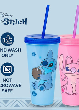 Silver Buffalo Disney Lilo and Stitch Angel Coconut Flowers 2 Pack Color Change Plastic Tumbler, 24-Ounce