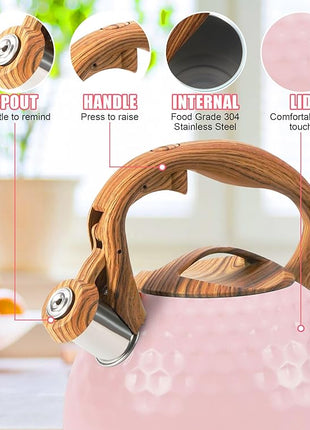 Whistling Tea Kettle,3.2Qt Stainless Steel Stove Kettle, Food Grade Teapot with Wood Pattern Handle for Coffee, Milk etc, Gas Electric Applicable (Pink)