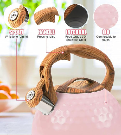 Whistling Tea Kettle,3.2Qt Stainless Steel Stove Kettle, Food Grade Teapot with Wood Pattern Handle for Coffee, Milk etc, Gas Electric Applicable (Pink)