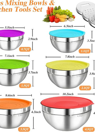 Mixing Bowls with Lids Set, 6 PCS Stainless Steel Mixing Bowls with 3 Grater Attachments, Kitchen Food Organizers Nesting Mixing Bowl, Large Size 4.5, 3.5, 2.1, 1.5, 1.1, 0.7QT-Colorful