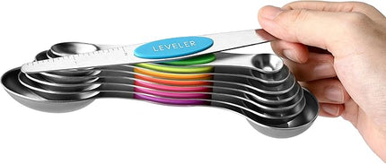 Spring Chef Stainless Steel Magnetic Measuring Spoons Set of 8 with Leveler, Nesting Metal Teaspoon & Tablespoon Measuring Spoons, Kitchen Gadgets for Baking & Cooking, Fits in Most Spice Jars - Neon