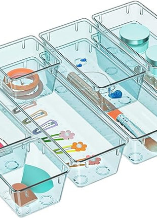 WOWBOX 9 Pack Clear Drawer Organizer Set, Acrylic Drawer Storage Trays, Storage Bins for Makeup, Cosmetics, Jewelries, Utensils, Gadgets, Office, Sea Blue
