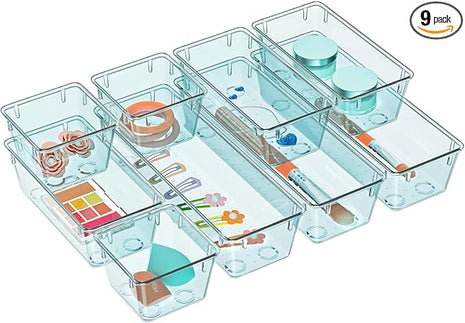 WOWBOX 9 Pack Clear Drawer Organizer Set, Acrylic Drawer Storage Trays, Storage Bins for Makeup, Cosmetics, Jewelries, Utensils, Gadgets, Office, Sea Blue