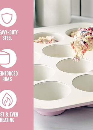 GreenLife 12-Cup Muffin Pan, PFAS-Free Healthy Nonstick Baking Tray, 11.4" x 1.9" x 15.9", Durable Ceramic Bakeware, Cupcakes, Egg Bites, Tarts, Brownies, Pink