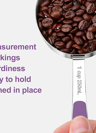 Measuring Cups and Spoons Set Stainless Steel 10 Piece for Cooking and Baking (5 Cups + 5 Spoons, Purple Handle)