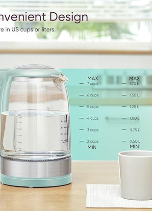 Cosori Electric Kettle, No Plastic Filter & Spout, Tea Kettle & Hot Water Boiler For Coffee & Tea, Water Heater & Teapot, Automatic Shut Off, Borosilicate glass, Green, 1.7L/1500W