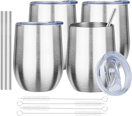 MEZMUT 12oz Insulated Wine Tumbler with Lid Double Wall Vacuum Stainless Steel Wine Glass Coffee Mug Insulated Tumbler Cup for Champaign, Cocktail, Beer (Silver,4 Pack)
