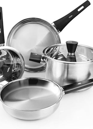 Meythway 𝐔𝐏𝐆𝐑𝐀𝐃𝐄 Stainless Steel Pots and Pans Set Non Toxic, 6PCs Kitchen Cookware Sets with Stay-Cool Handles, Non-Stick, Dishwasher Safe&Compatible with All Stovetops(Gas,Electric&Induction)