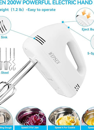 Hand Mixer Electric Mixing Bowls Set, 5 Speeds Handheld Mixer with 4 Nesting Stainless Steel Mixing Bowl, Measuring Cups Spoons 200W Kitchen Blender Whisk Beater Baking Supplies For Beginner