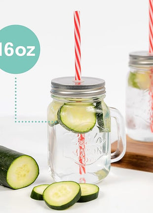 Estilo Glass Mason Jars with Handles, Lid and Straw 16 oz | Drinking Glasses Cups Mug Set for Iced Coffee, Tea & Smoothie - Set of 6