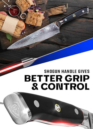 Dalstrong Serrated Chef Knife - 7.5 inch - Shogun Series Elite - Damascus - Japanese AUS-10V Super Steel - Razor Sharp Chef's Knife - Black G10 Handle - w/Sheath
