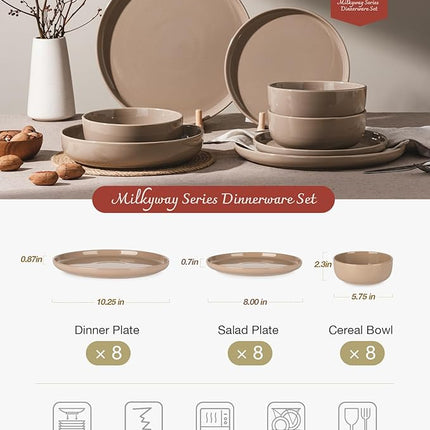 Famiware Milkyway Dinnerware Sets, 24 Piece Dish Set, Plates and Bowls Sets for 8, Cinnamon Brown