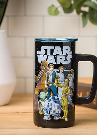 Silver Buffalo Star Wars Featuring Luke Skywalker, Princess Leia, Hans Solo, Chewbacca, Yoda, R2-D2, and C-3PO Double Wall Stainless Steel Travel Mug With Handle, 15 Ounces
