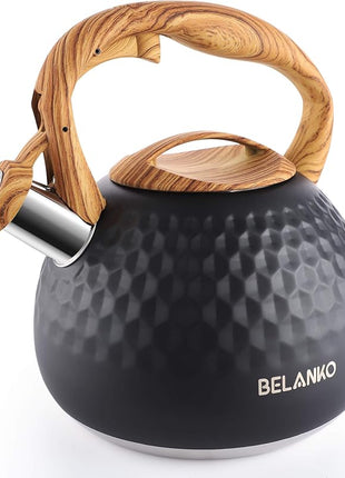 BELANKO 2.7 Quart Tea Kettle for Stovetop - Food Grade Stainless Steel with Diamond Texture, Designer Teapot Look, Cool-Touch Wood Pattern Handle, Whistling Spout - Matte Black