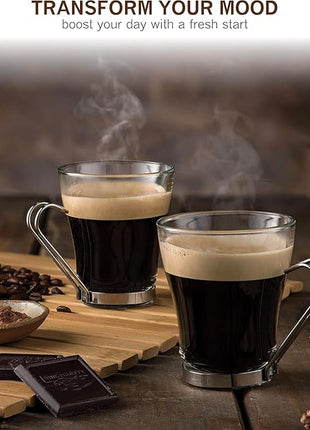 Bormioli Rocco Oslo 7.5 oz. Cappuccino Tempered Glass Cup with Removable Stainless Steel Handle for Coffee, Tea, Lattes, and Hot Drinks, Set of 4