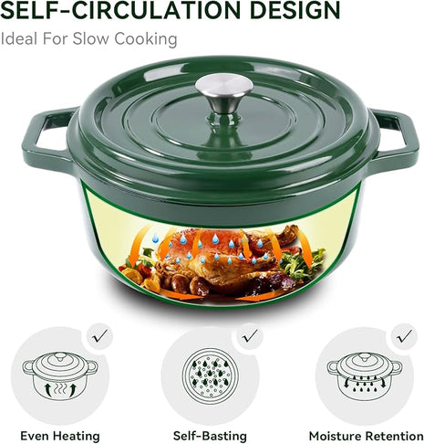Miereirl 6.5 Quart Enameled Dutch Oven Pot with Lid, Cast Iron Dutch Oven with Dual Handles for Bread Baking, Cooking, Non-stick Enamel Coated Cookware (Green)