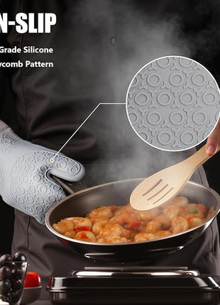 Rorecay 6pcs Oven Mitts and Pot Holders Sets for Kitchen, Extra Long Silicone Oven Gloves High Heat Resistant 500 Degrees Non-Slip Potholders Hot Pads for Baking Cooking, Grey