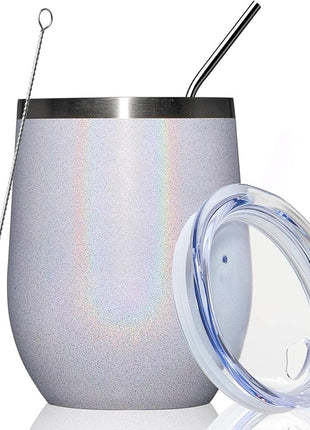 MEWAY Stemless 12 OZ Wine Tumbler Glasses with Lid -Insulated Double Wall Vacuum Stainless Steel Glitter Tumbler with Straw,for Woman Under 10 dollars (Rainbow White,1)