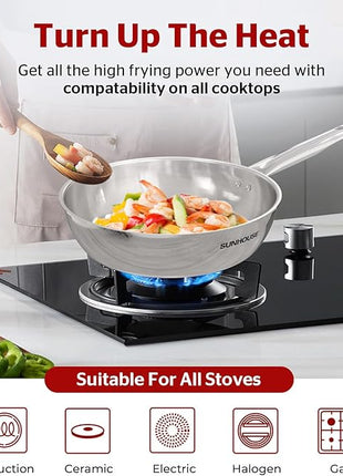 Sunhouse 9 Inch Tri-Ply Stainless Steel Frying Pan, Whole-Clad No Coatings Skillet with Stay-cool Handle for Cooking, Durable & Oven Safe to 500°F, Dishwasher Safe, Compatible with All Cooktops