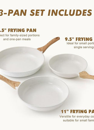 SENSARTE Nonstick Frying Pan Skillets, White Ceramic Coating Omelette Pans, Healthy Cookware Chef's Pan, Free of PTFE & PFAS (9.5+11+12.5 Inch)