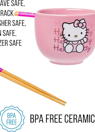 Silver Buffalo Sanrio Hello Kitty Waving Pink Ceramic Ramen Noodle Rice Bowl with Chopsticks, Microwave Safe, 20 Ounces,