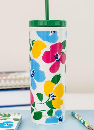 kate spade new york Acrylic Tumbler with Lid and Straw, 24 oz Tumbler, Slim Double Wall Tumbler (Painterly Bouquet)