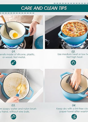 vancasso Enameled Cast Iron Dutch Oven, 2.5 QT Blue Naturally Non-Stick Casserole Dish Cookware, with Stainless Steel Knob Lid Cast Iron Casserole for Steam Braise Bake Broil Saute Simmer Roast