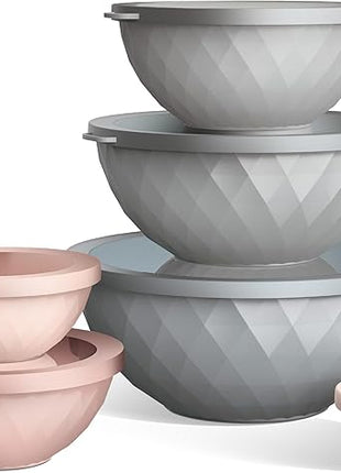COOK WITH COLOR Mixing Bowls with Lids - 12 Piece Plastic Nesting Bowls Set includes 6 Prep Bowls and 6 Lids, Diamond Design - Microwave Safe, Pink and Grey