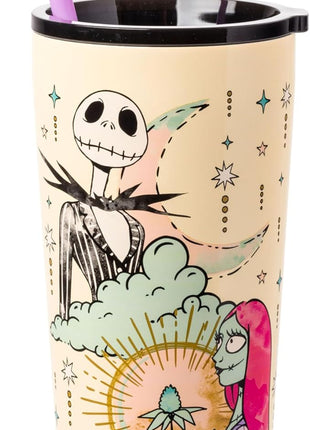 Silver Buffalo Disney Tim Burton's Nightmare Before Christmas “Forever and Always” Featuring Jack Skellington and Sally Double Walled Stainless Steel Tumbler with Straw, 22 Ounces