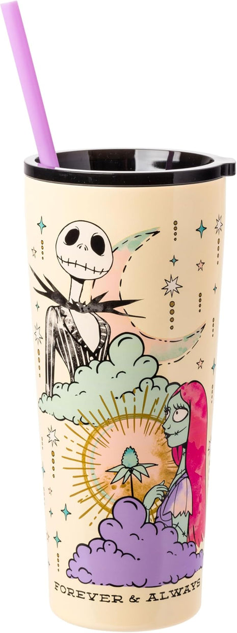 Silver Buffalo Disney Tim Burton's Nightmare Before Christmas “Forever and Always” Featuring Jack Skellington and Sally Double Walled Stainless Steel Tumbler with Straw, 22 Ounces