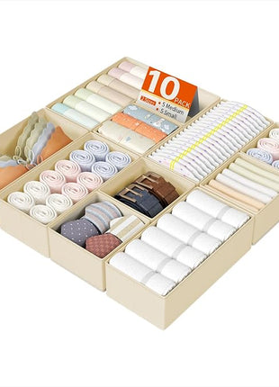 DIMJ Drawer Organizers Clothes, Set of 10 Dresser Organizer Bins, Fabric Closet Organizers and Storage, Shallow Drawer Dividers for Nursery, Clothing, Baby Clothes, Socks, Underwears, Tie (Beige)