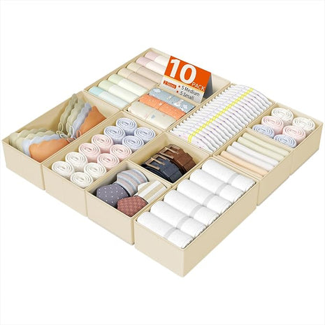 DIMJ Drawer Organizers Clothes, Set of 10 Dresser Organizer Bins, Fabric Closet Organizers and Storage, Shallow Drawer Dividers for Nursery, Clothing, Baby Clothes, Socks, Underwears, Tie (Beige)