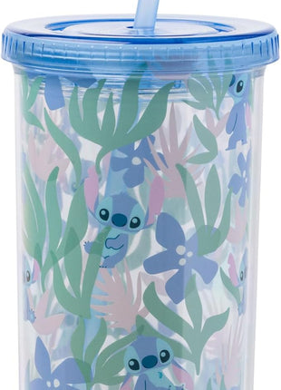 Silver Buffalo Disney Lilo and Stitch Cute Floral and Leaves Pattern Plastic Tall Cold Cup with Lid and Straw, 20 Ounces