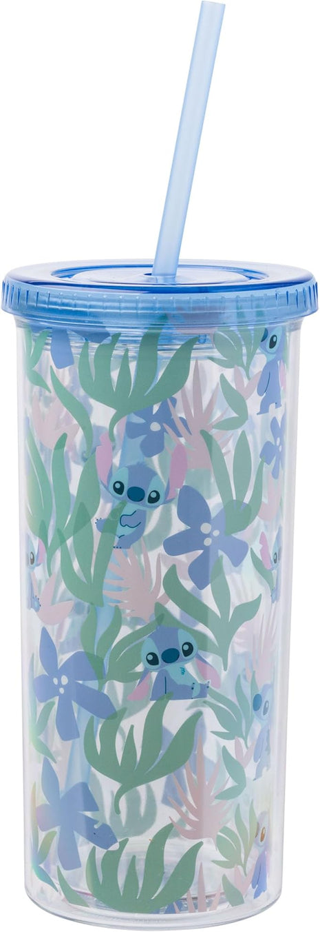 Silver Buffalo Disney Lilo and Stitch Cute Floral and Leaves Pattern Plastic Tall Cold Cup with Lid and Straw, 20 Ounces