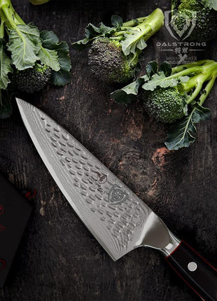 Dalstrong Chef Knife - 6 inch Blade - Shogun Series ELITE - Damascus - Japanese AUS-10V Super Steel - G10 Black Handle - Razor Sharp Kitchen Knife - Hammered Finish Chef's Knife - Sheath