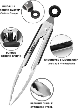 Anaeat 3 Pack 7" Mini Stainless Steel Cooking Tongs - Sturdy Coiled Spring Locking Kitchen Food Tong with Non-Slip Silicone Grip for Serving, Cooking, Baking - Heat Resistant up to 480°F (Black)