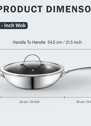 Cooks Standard 12-Inch Hybrid Nonstick Wok with Tempered Glass Lid, Multi-Ply Clad Stainless Steel Flat Bottom Wok Stit Fry Pan, Oven Safe, Induction Ready, Compatible with All Stovetops