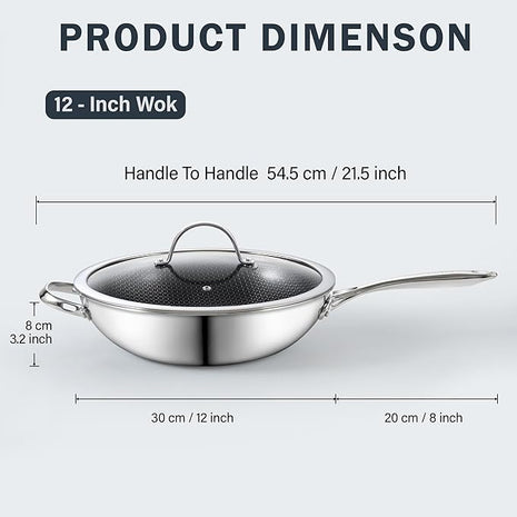 Cooks Standard 12-Inch Hybrid Nonstick Wok with Tempered Glass Lid, Multi-Ply Clad Stainless Steel Flat Bottom Wok Stit Fry Pan, Oven Safe, Induction Ready, Compatible with All Stovetops