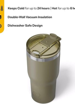 RTIC 30oz Essential Tumbler with Lid, Ceramic Lined, Insulated, Stainless Steel, Metal, Double Wall Vacuum-Insulation, Travel Cup for Iced Coffee, Tea, Hot and Cold Drink, Olive