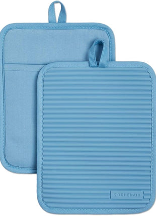 KitchenAid Ribbed Soft Silicone Pot Holder 2-Pack Set, Blue Velvet, 7"x9"