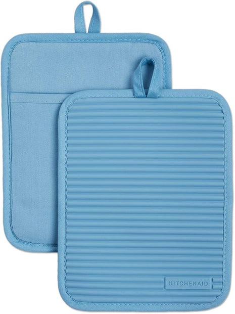 KitchenAid Ribbed Soft Silicone Pot Holder 2-Pack Set, Blue Velvet, 7"x9"