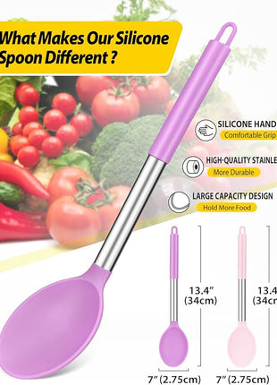 Pack of 2 Large Silicone Cooking Spoon Non Stick Solid Basting Spoons Heat-Resistant Kitchen Utensils for Mixing Serving (Pink-Purple)