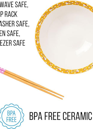 Silver Buffalo Sanrio Hello Kitty Pink and Gold Japanese Pattern with Flowers Ceramic Ramen Noodle Rice Bowl with Chopsticks, Microwave Safe, 30 Ounces
