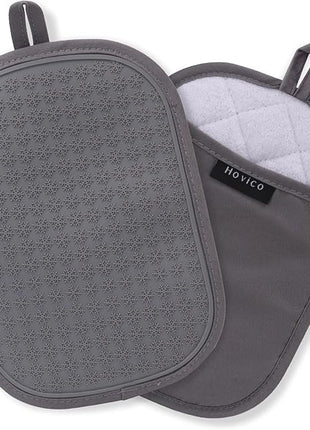 Hovico 2PCS Silicone Pot Holders, Oven Mitts Heat Resistant Hot Pads with Pockets, Non Slip Pot Holder for Kitchen Baking and Cooking| 9.8 x 7 Inches | Towel Cloth Interior Lining - Gray